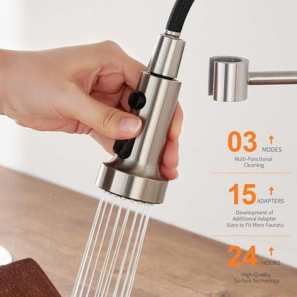 TIORIY with 15 Adapters Pull Down Kitchen Sink Faucet Head Replacement, 3 Functions Plastic Kitchen Sink Sprayer Nozzle Replacement for Kitchen Faucet, Pause Mode (Brushed Nickel)