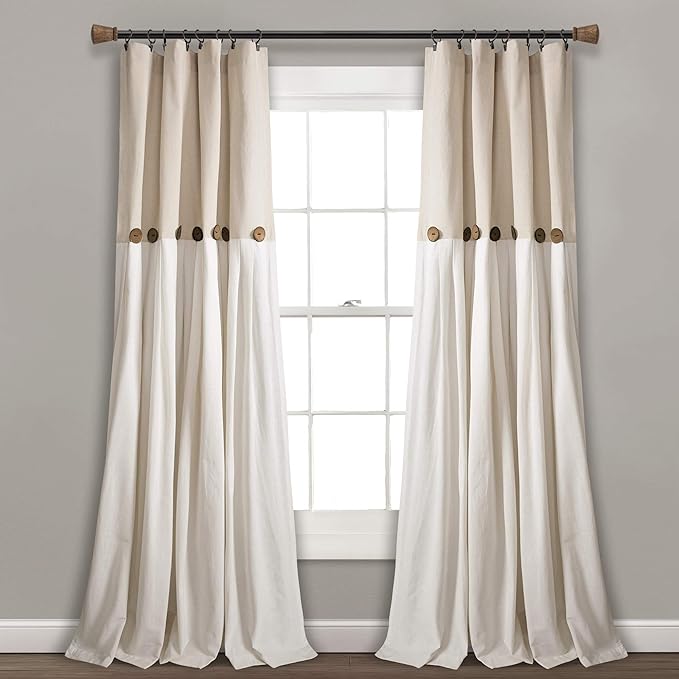 Lush Decor Linen Button Window Curtain Panel, Single, 40" W x 120" L, Linen - Country Curtains - Rustic Decor - Color Block Modern Farmhouse Curtains For Living Room, Bedroom & Dining Room