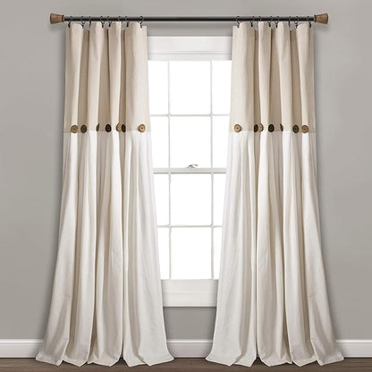 Lush Decor Linen Button Window Curtain Panel, Single, 40" W x 120" L, Linen - Country Curtains - Rustic Decor - Color Block Modern Farmhouse Curtains For Living Room, Bedroom & Dining Room