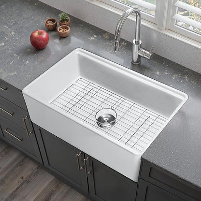 VEVOR 32x20 inch Farmhouse Sink, White Sink Workstation, Fireclay Undermount Basins, Apron Front Single Bowl Basin with Multiple Accessories, Large Capacity Household Dishwasher Sinks for Kitchen