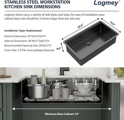 Logmey 30x19 Gunmetal Black Undermount Kitchen Sink 30 Inch Workstation Nano-PVD Stainless Steel Sinks 16 Gauge Single Bowl Kitchen Sink with Accessories 30x19x9