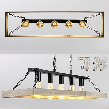 Rustic Farmhouse Chandelier for Dining Room, 31.5" Linear 5-Light Black Metal with Retro Wood Finish, Industrial Hanging Pendant Light Fixture for Kitchen Island Over Table (E26)