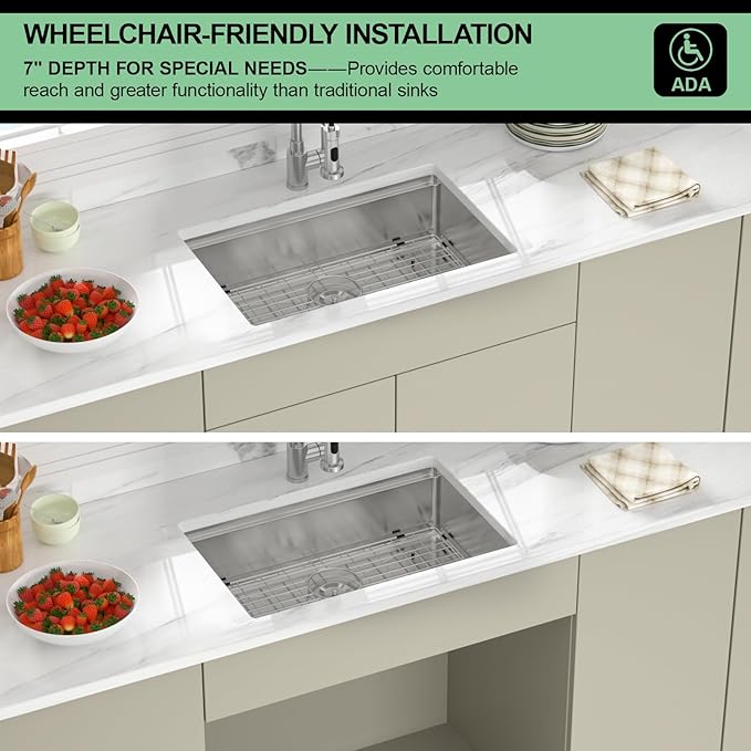27 Inch Undermount Kitchen Sink - Beslend ADA 7 Inch Depth 27x18 Undermount Worksation Sinks Under Counter Stainless Steel 16 Gauge Mobility Friendly Sink for Wheelchair Accessible Kitchen