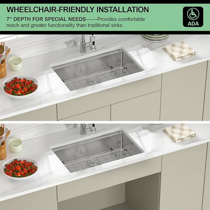 27 Inch Undermount Kitchen Sink - Beslend ADA 7 Inch Depth 27x18 Undermount Worksation Sinks Under Counter Stainless Steel 16 Gauge Mobility Friendly Sink for Wheelchair Accessible Kitchen