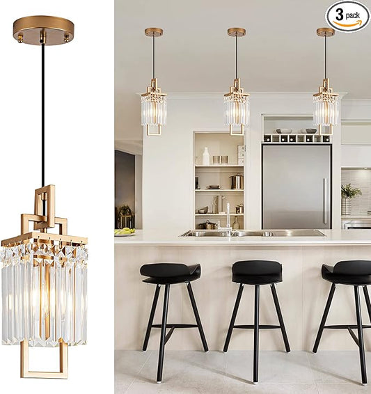 Modern Gold Pendant Light Fixtures for Kitchen Island and Dining Room, Industrial Small Hanging Crystal Chandelier Light Fixture for Bedroom Entryway Living Room Foyer Hallway 3-Pack