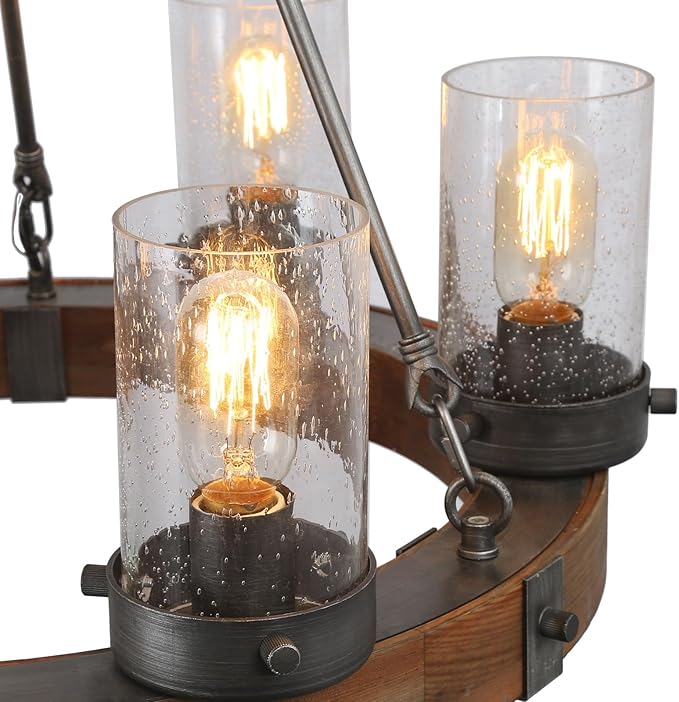 LNC Farmhouse Chandelier, Wood Round Wagon Wheel 6-Light Fixture with Seeded Glass Shades for Dining & Living Room, Bedroom, Kitchen and Foyer