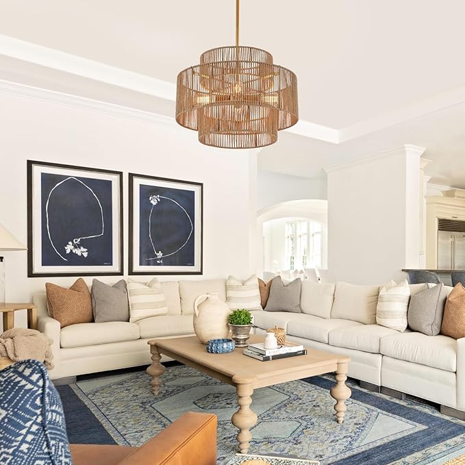 24” Boho Hand Woven Rattan Chandelier 3 Round Adjustable 4-Light Large Pendant Light for Kitchen Island Dining Room Living Room Hallway, Brass, UL Listed