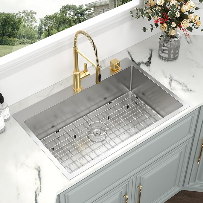 Kichae 33 Drop In Kitchen Sink - 33" x 22" Stainless Steel Sink 16 Gauge Drop in Topmount Single Bowl Drop Sinks Round Corner Basin