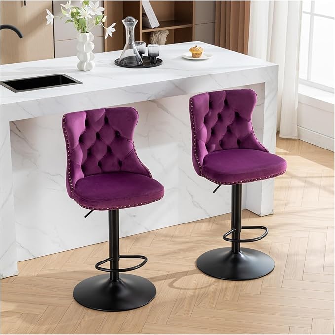 Swivel Velvet Barstools Adjusatble Seat Height from 25-33 Inch,17.7 inch Base, Modern Upholstered Bar Stools with Backs Tufted for Home Pub and Kitchen Island,Purple,Set of 2,for Living Room