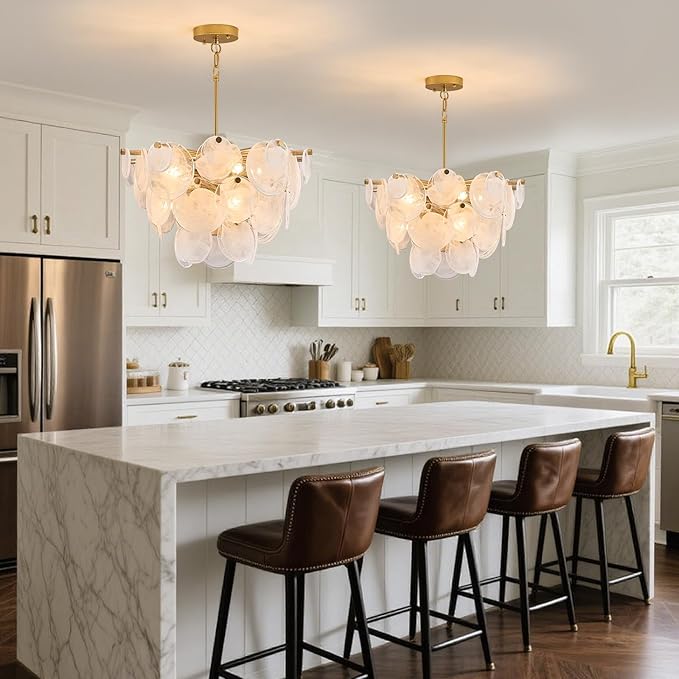 Gold Chandelier for Bathroom Alabaster Dining Room Light Fixture Modern Glass Chandeliers for Bedroom Living Room Kitchen Entryway Stairway and Foyer（Vintage capiz）