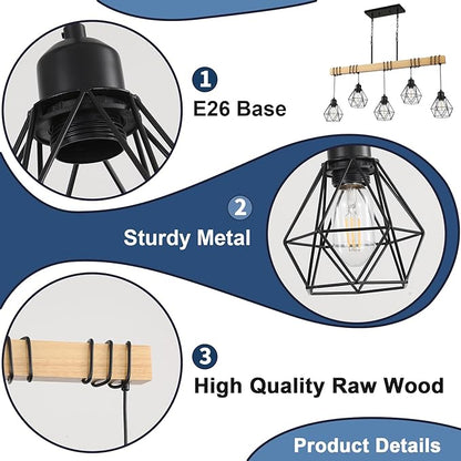 38" Farmhouse Kitchen Light Fixture, Black Hanging Kitchen Chandelier, 5-Light Rustic Dining Room Light Adjustable Height with Wood and Metal Frame, Suit for Farmhouse, Industrial Style