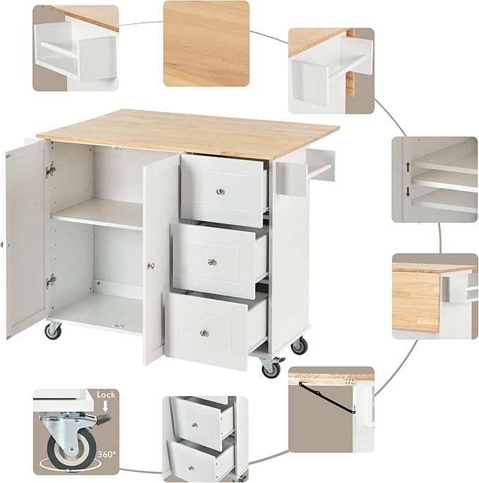 GOWE Rolling Mobile Kitchen Island with Solid Wood Top and Locking Wheels,52.7 Inch Width,Storage Cabinet and Drop Leaf Breakfast Bar,Spice Rack, Towel Rack & Drawer (White)