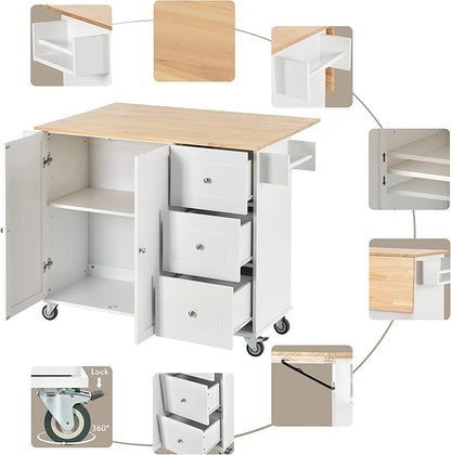 GOWE Rolling Mobile Kitchen Island with Solid Wood Top and Locking Wheels,52.7 Inch Width,Storage Cabinet and Drop Leaf Breakfast Bar,Spice Rack, Towel Rack & Drawer (White)