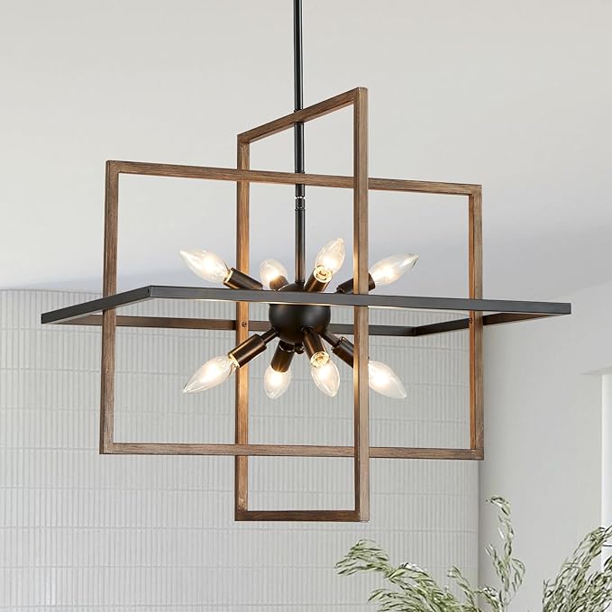 Farmhouse Chandelier, 8-Light Geometric Ceiling Light Fixture, 22” Height Adjustable Faux-Walnut Grain Metal Lamp for Foyer, Stairway, Living Room