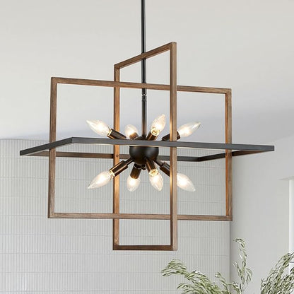 Farmhouse Chandelier, 8-Light Geometric Ceiling Light Fixture, 22” Height Adjustable Faux-Walnut Grain Metal Lamp for Foyer, Stairway, Living Room