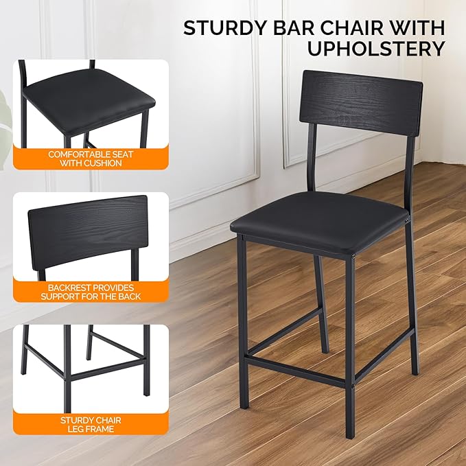 VINGLI Dining Table Set for 2, Kitchen Breakfast Counter Height Small 3 Piece Bar Table and Chairs Set with Storage, Black