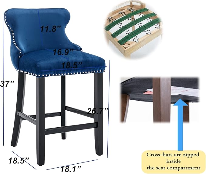 Rhomtree Elegant Button Tufted Upholstered Fabric Bar Stools with Nailhead Trim, Dining Side Chair, Leisure Padded Chairs with Solid Wooden Legs Home Kitchen Island Wooden Bar Chairs (Blue, Set of 4)