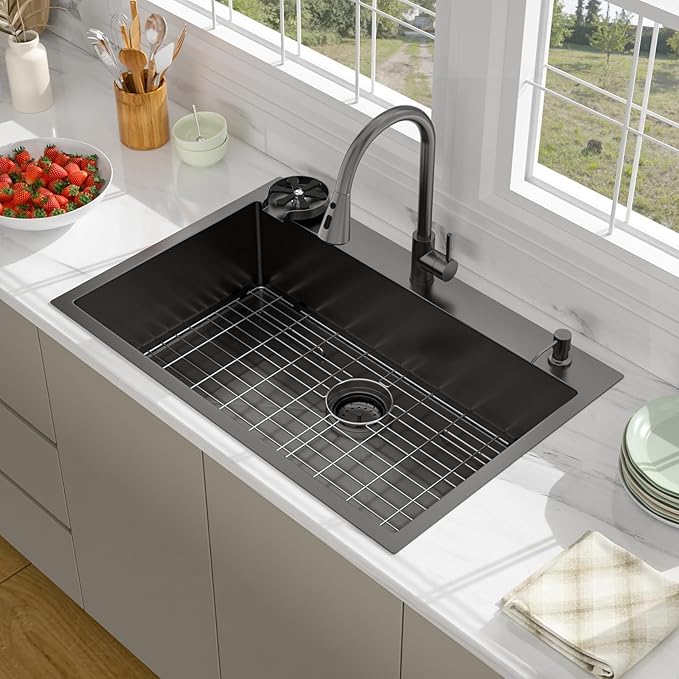 33 Drop In Kitchen Sink - Beslend 33x22 Black Kitchen Sink Drop In with Pull-Out Faucet, Stainless Steel Sinks and Soap Dispenser Topmount 16 Gauge Single Bowl Above Counter Dish Basin 9" Deep