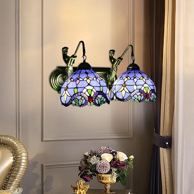 Wall Sconce Lighting with Mermaid 2-Light Antique Wall Light Fixture Stained Glass Bowl Shade Bronze Finish Retro Vintage Wall Lamp for Bedroom Hallway Stairway Balcony Bathroom (Blue)