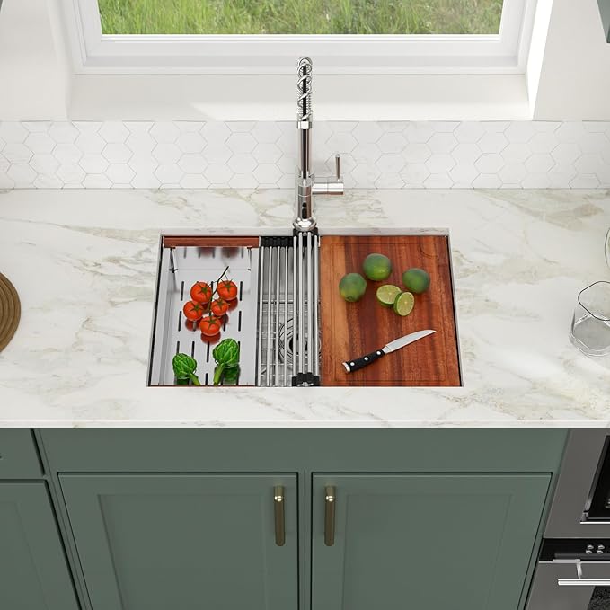 Logmey 27 In Undermount Kitchen Sink - 27x19 Inch Undermount Sink Stainless Steel Ledge Workstation Kitchen Sinks 16 Gauge Single Bowl Sink with Accessories