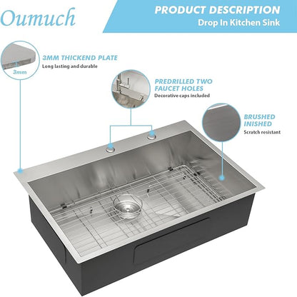 25 Inch Drop-In Utility Sink - 18 Gauge 25×22 Stainless Steel Single Bowl, 9-Inch Deep Topmount Sink for Kitchen & Laundry Room