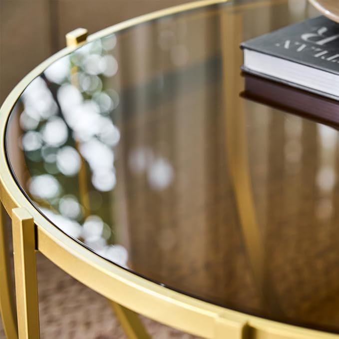Saint Mossi 30" Glass Round Coffee Table for Living Room, Mid Century Modern 2-Tier Gold Drum Center Table, Brown Glass Top, Walnut Shelf with Gold Finish Legs & Frame, W30xH16.5