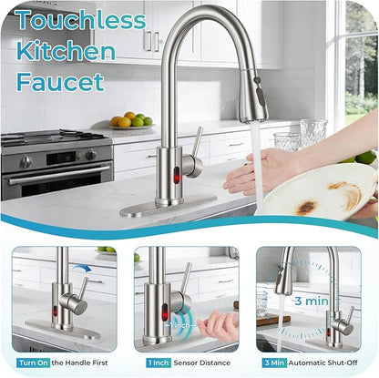 Touchless Kitchen Faucet with Pull Down Sprayer - Brushed Nickel Single Handle Kitchen Faucets, High Arc Stainless Steel Pull Out Kitchen Sink Faucet with Deck for RV Laundry Farmhouse Bar