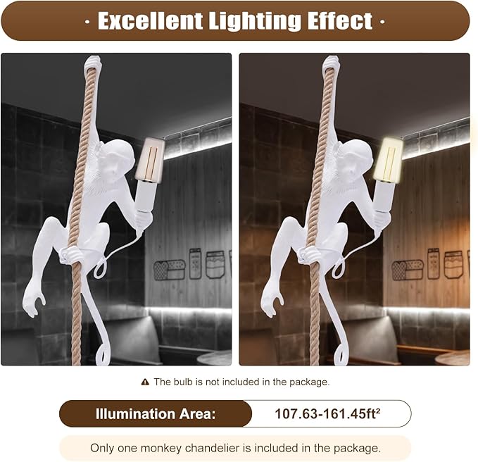 Vintage Monkey Chandelier, Retro Resin Hemp Rope Monkey Pendant Light Fixture, Hanging Ceiling Lamp E26 for Dining Living Room Bedroom Bar Cafe-White