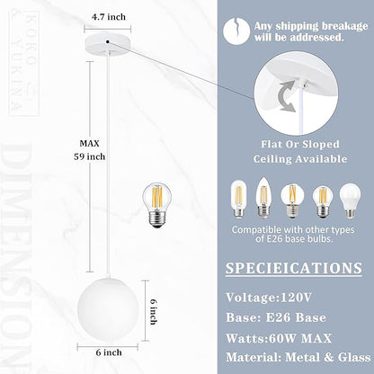 KoKo&Yukina 6 Inch Globe Pendant Light White Globe Pendant Lights Kitchen Island Mid Century Light Fixture with Milky White Glass Shade for Dining Room (2 Pack)