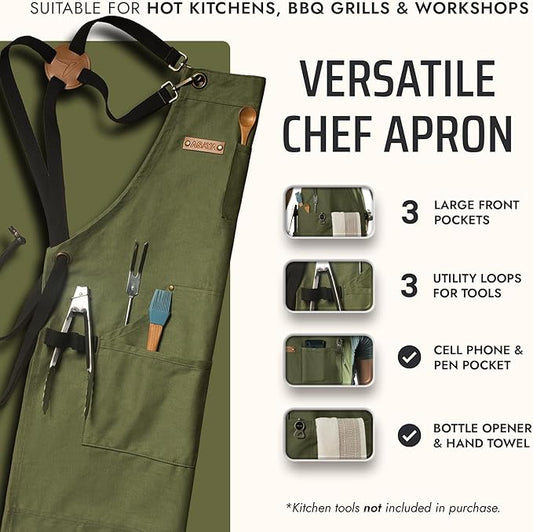 Asaya Chef and BBQ Apron with Bottle Opener and Hand Towel - 10oz Cotton Canvas, Stainless Steel Hardware - Cross Back Straps