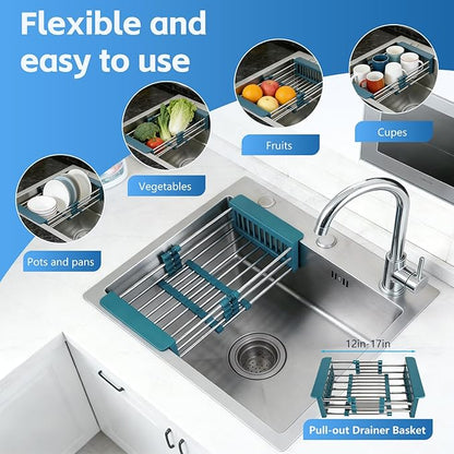 Silver Kitchen Sink, Stainless Steel Single Bowl Sink, Drop In/Topmount Workstation Sink with Retractable Drain Basket, for Bar, Kitchen, Balcony, RV (21.6 * 17.7in)