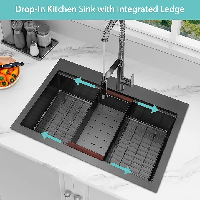 Black Drop In Kitchen Sink 33" x 22", 16 Gauge 304S Stainless Steel Workstation Sinks with Accessories, 33" x 22" x 10" Large and Deep Top Mount Single Bowl Kitchen Sink