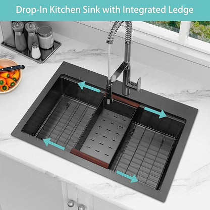 Black Drop In Kitchen Sink 33" x 22", 16 Gauge 304S Stainless Steel Workstation Sinks with Accessories, 33" x 22" x 10" Large and Deep Top Mount Single Bowl Kitchen Sink