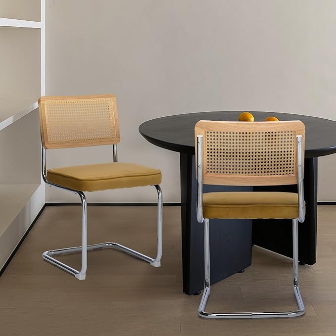 Rattan Back Velvet Dining Chair Set of 4 Modern Breuer Designed Stainless Chrome Base Armless Upholstered Dining Chair for Dining Room, Kitchen Island(Gold)
