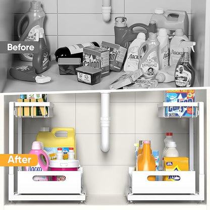 Saydear Under Sink Organizer Storage 2-Tier Premium Metal Pull-Out Kitchen Cabinet Organizer with Sliding Drawer, Height Adjustable, Heavy Duty for Kitchen & Bathroom Organizers 1 Pack White