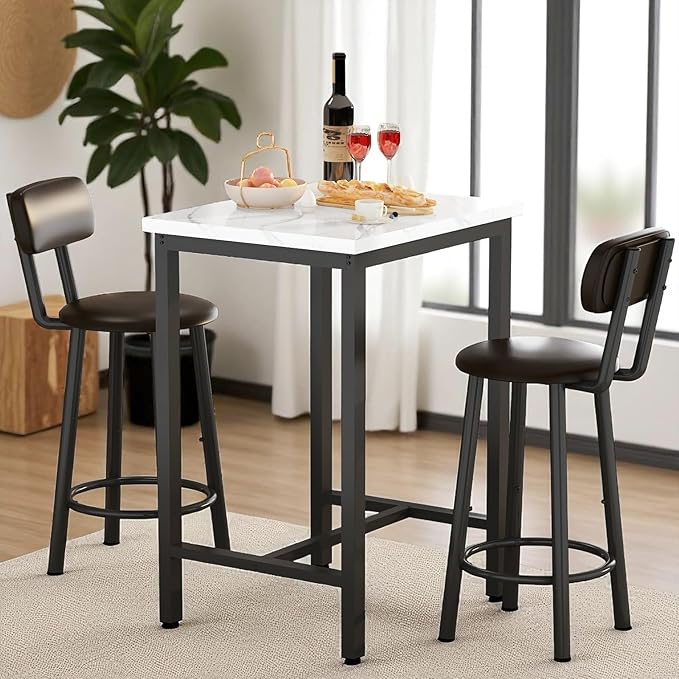 Recaceik 3 Piece Pub Dining Set, 24" Square Kitchen Table and Chairs Set with 2 PU Leather Upholstered Stools, Pub Table and Chairs Set for Breakfast Nook Living Room Small Space Restaurant