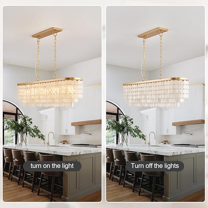 5 Light Capiz Shell Chandelier Rectangular Coastal Chandeliers for Dining Room,Gold Light Fixtures Over Table Kitchen Island Lighting Fixtures Ceiling Hanging Mount(42" Large Pendant Lights)