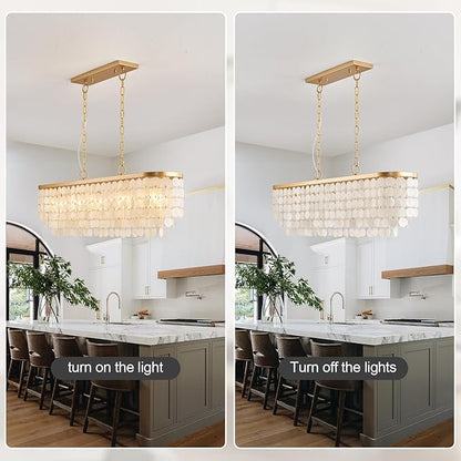5 Light Capiz Shell Chandelier Rectangular Coastal Chandeliers for Dining Room,Gold Light Fixtures Over Table Kitchen Island Lighting Fixtures Ceiling Hanging Mount(42" Large Pendant Lights)