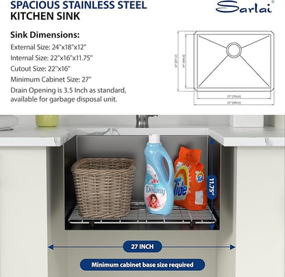 Sarlai 12“ Deep Laundry Sink Undermount - 24 Inch Black Undermount Kitchen Sink Utility Laundry Sinks Stainless Steel Single Bowl Under Counter Handmade Laundry Utility Room Basin