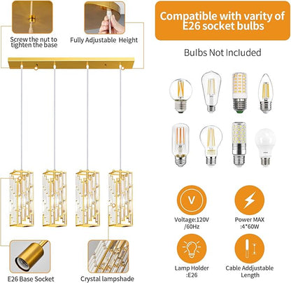 Gold Pendant Lighting Modern Pendant Light, Mini Crystal Chandeliers,Adjustable Pendant Light Fixture for Kitchen Island Dinning Room Bedroom (4 Light)