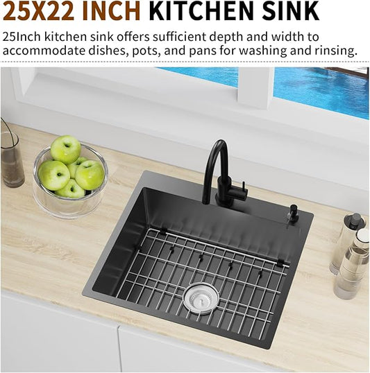 Black Kitchen Sink,25x22 Inch Kitchen Sink Stainless Steel Drop In Kitchen Sink Topmount Stylish and Modern Look Sink With Bottom Grid,Silicon Mat And Drain Assembly Add Elegance & Enhance Usability