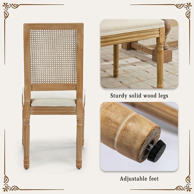 SoarFlash French Dining Chairs Set of 6, Vintage Dining Chairs with Rattan Backrest, Wooden Framehouse Chairs for Living Room, Kitchen, Restaurant, Beige