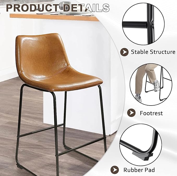 LEMBERI 26 inch Bar Stools Set of 4, Modern Counter Height Bar Stools Faux Leather Barstool with Back and Metal Leg, Armless Bar Chairs for Kitchen Island (Whisky, 4pcs 26")