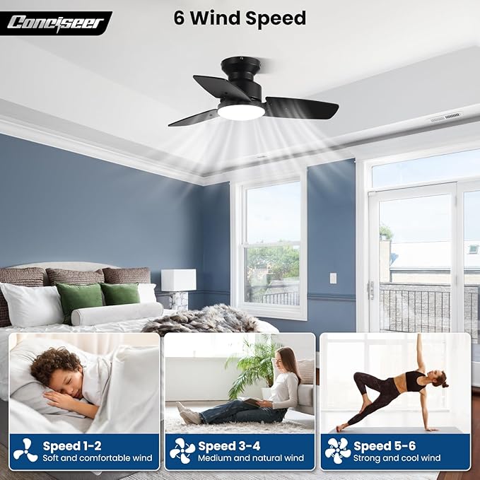 Conciseer 30 Inch Ceiling Fans with Lights and Remote, Bedroom Living Room Office, Flush Mount, 3CCT Dimmable, Dual Color 3 Blades, 6 Speed Reversible Quiet DC Motor, Black/Wood Grain, 2 Pack