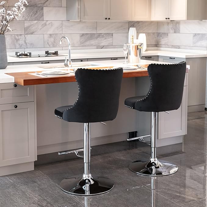Rhomtree Velvet Swivel Bar Stools Upholstered Bar Stool with Button Tufted Back and Pull Ring Height Adjustable Barstools 25-33 Inch for Home Pub and Kitchen Island (Black with Silver Base, Set of 6)