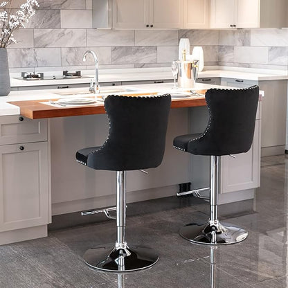 Rhomtree Velvet Swivel Bar Stools Upholstered Bar Stool with Button Tufted Back and Pull Ring Height Adjustable Barstools 25-33 Inch for Home Pub and Kitchen Island (Black with Silver Base, Set of 4)