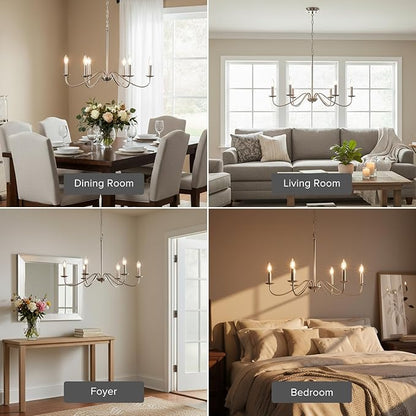6-Light Brushed Nickel Chandelier, Modern Candle Chandelier Light Fixture, 27.5'' Contemporary Dining Room Chandelier for Kitchen Island Living Room Entryway Foyer
