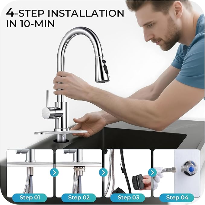 Pull Down Kitchen Faucet with Soap Dispenser - Polished Chrome Single Handle Kitchen Faucets, High Arc Stainless Steel Pull Out Kitchen Sink Faucet with Deck for RV Laundry Farmhouse Bar