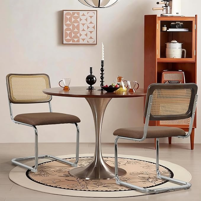 Linen Dining Chair Set of 2 Arched Rattan Square Back Stainless Chrome Base Upholstered Side Chair for Dining Room, Kitchen Island,Coffee