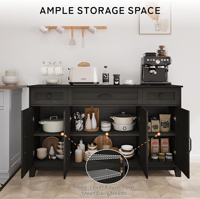 Farmhouse Buffet Cabinet with Drawers, 55" Large Sideboard Kitchen Buffet Storage Cabinet with 3 Adjustable Shelves and Doors Heightened Table Wood Coffee Bar for Kitchen Living Room, Black